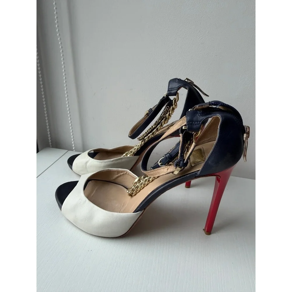 GUESS Marciano Chain Heels Leather Peep Toe Pumps Y2K Size 37.5 US 7.5